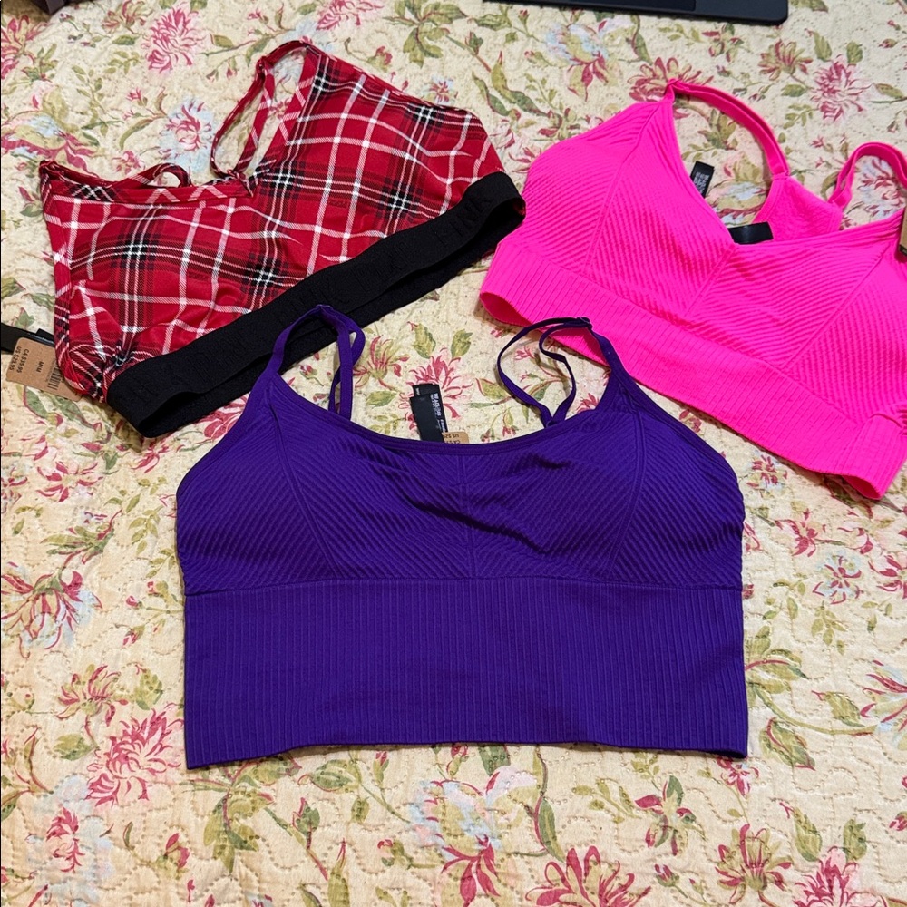 PINK Victoria's Secret Plaid, Pink, and Purple Bralettes